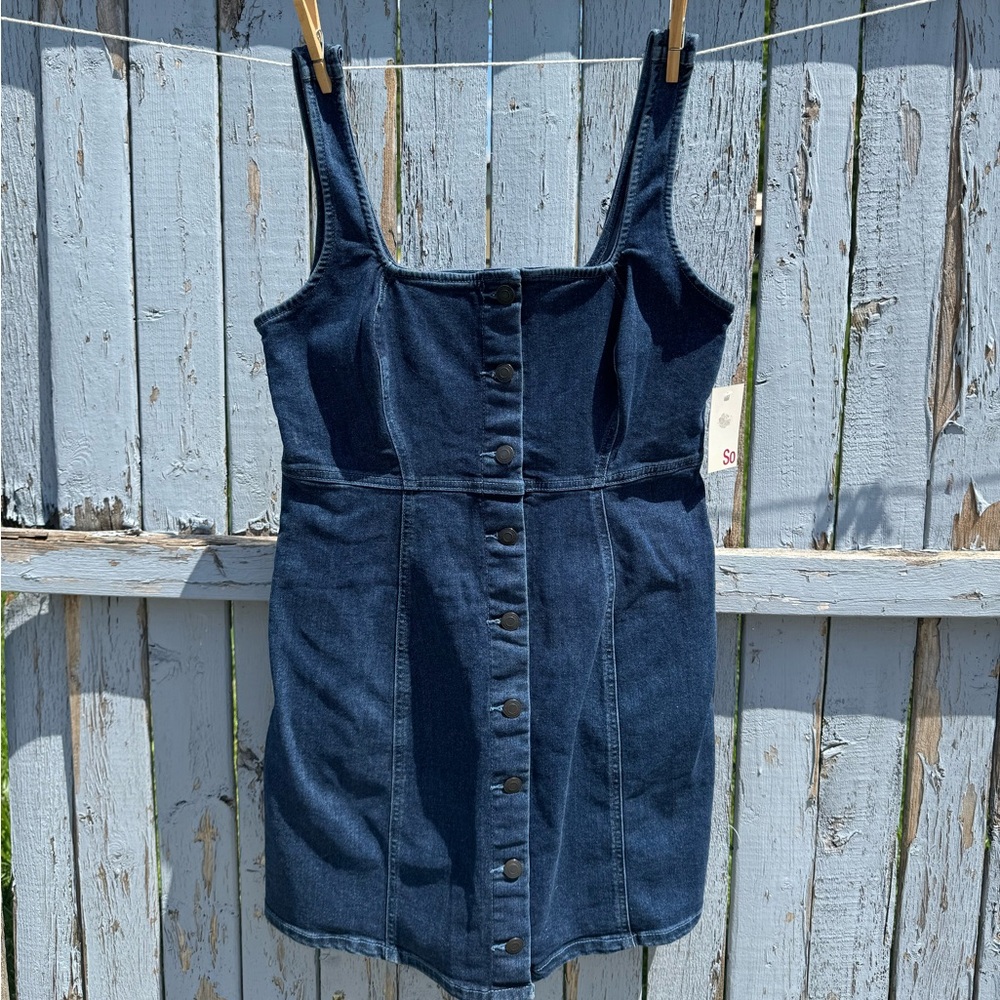 NWT SO Women’s Large Denim Blue Jean Dress Jumper Stretch Fit Snap Closure NEW